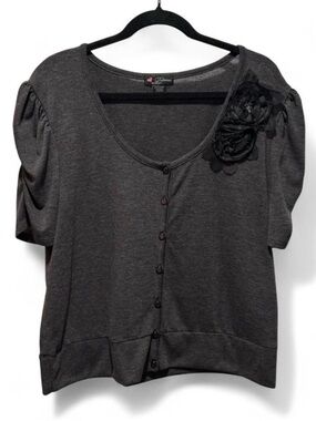 Delirious Charcoal Flower-Accent Button Front Short Sleeve Cardigan